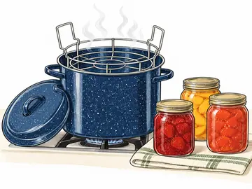 A water-bath canner with its rack beside jars of jam and peaches