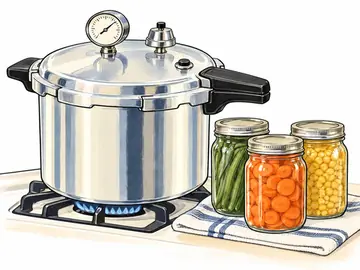 A pressure canner beside jars of green beans, carrots and corn