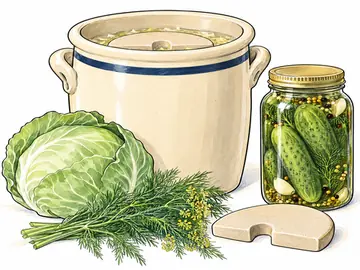 A fermenting crock with cabbage, dill and a jar of pickles