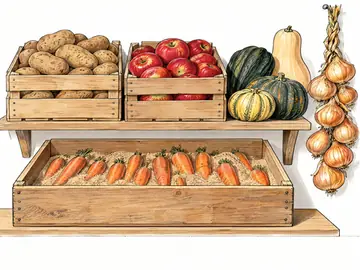 Crates of potatoes, apples and carrots with squash and onions