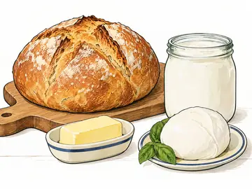 A loaf of bread with butter, a jar of milk and fresh cheese