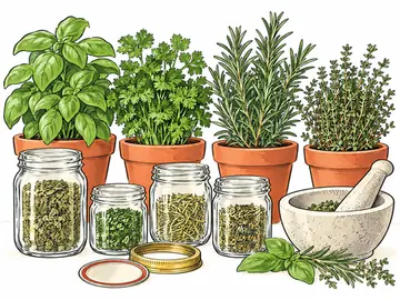 Pots of basil, parsley, rosemary and thyme with jars of dried herbs