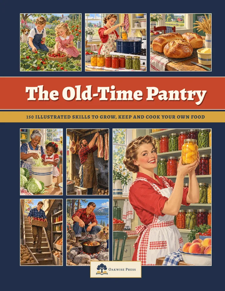 The front cover of The Old-Time Pantry: painted scenes of families gardening, canning, baking, curing and cooking, with the title on a red banner.