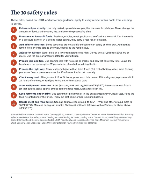 Page 6, The 10 safety rules: ten numbered rules, from following recipes exactly to handling meat and milk safely, with their sources.