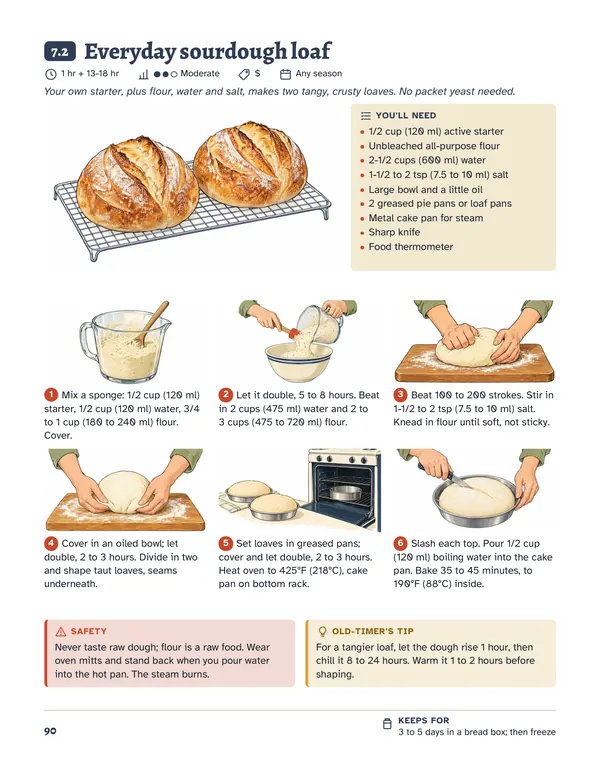 Page 90, Everyday sourdough loaf: two loaves on a cooling rack, the list of what you need, six illustrated steps from mixing the sponge to baking, a safety box and an old-timer's tip.